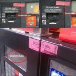 A compilation of pictures that show broken seals around a fuel pump, indicating signs of fuel card fraud