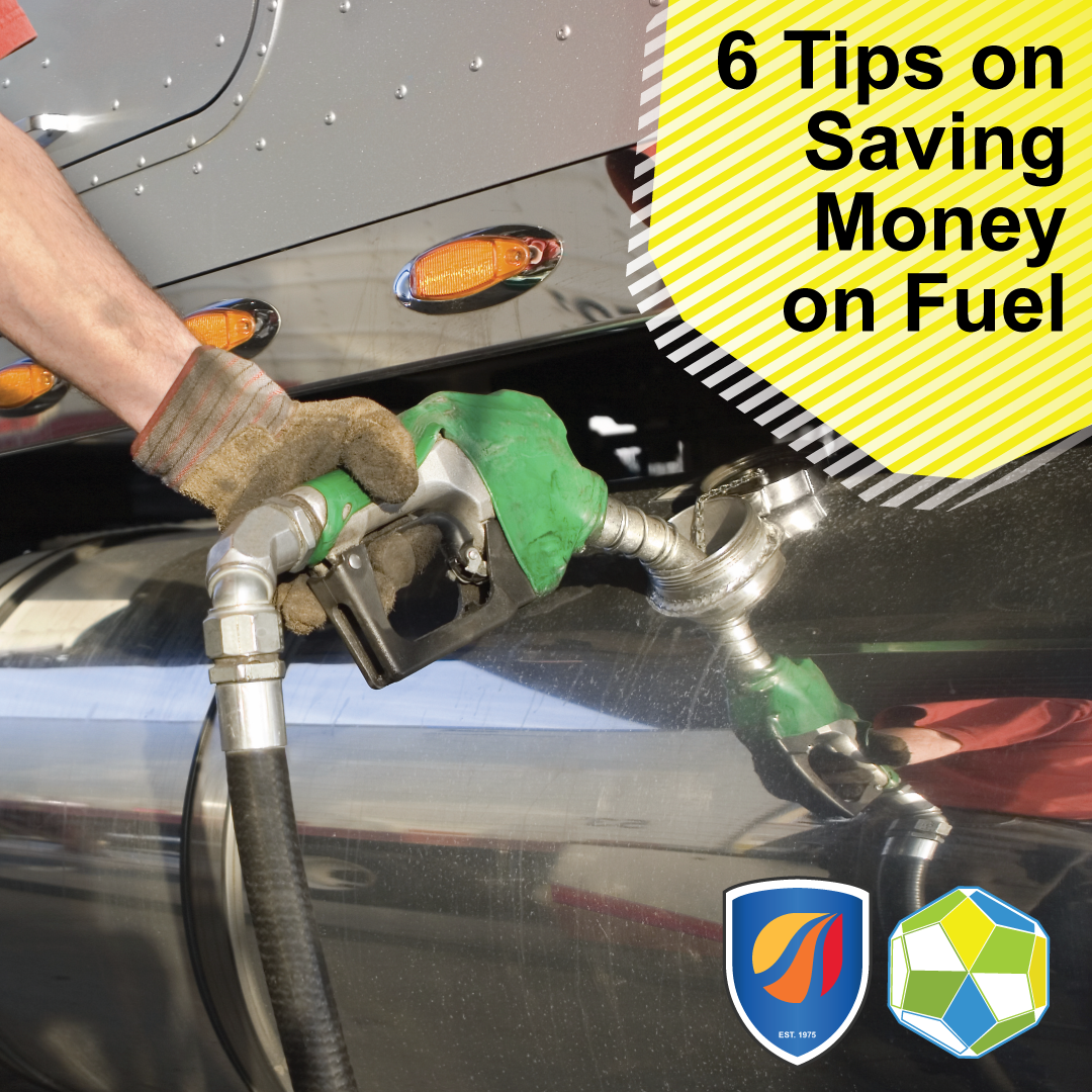 A person holding a diesel pump to a truck's fuel tank. On the upper right-hand corner is black text that says "6 Tips on Saving Money on Fuel."