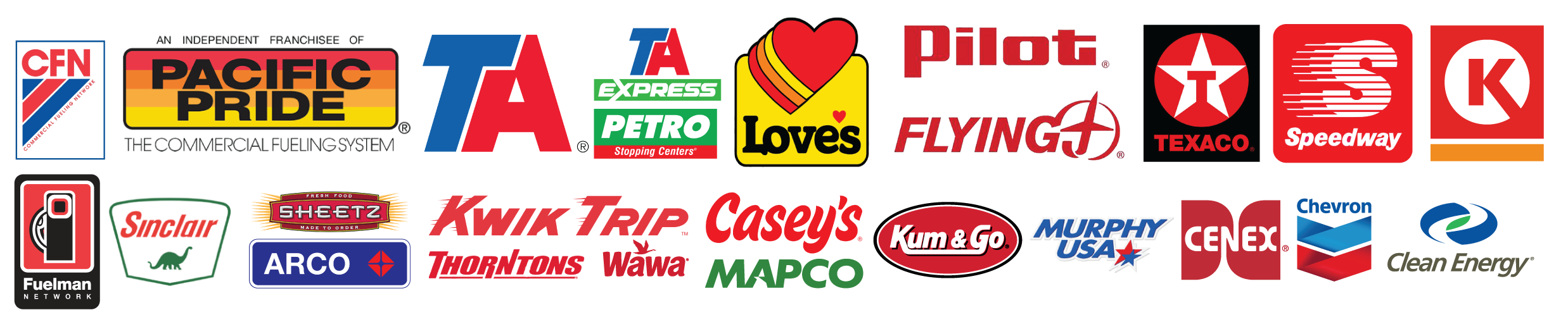 A collage of several logos of fuel and travel stop companies that participate in our fuel card program. The logos reading from left to right, top to bottom: Commerical Fueling Network (CFN), Pacific Pride, Travel Centers of America, TA Express, Petro Stopping Centers, Love's, Pilot, Flying J, Texaco, Speedway, Circle K, Fuel Network, Sinclair, Sheetz, Arco, Kwiktrip, Thorntons, Wawa, Casey's, MAPCO, Kum & Go, Murphy USA, Cenex, Chevron, and Clean Energy.