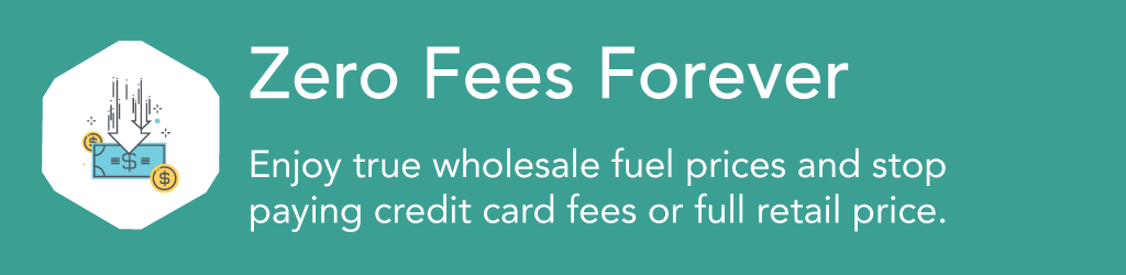 A picture of imaginary currency with a down arrow above the currency to depict the idea of lower prices. The first benefit is that there are Zero Fees Forever (with our fuel card program). Enjoy true wholesale fuel prices and stop paying credit card fees or full retail price.