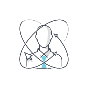 a picture of a faceless person wearing a white, long-sleeve collared shirt and a light blue tie. There are arrows floating around the person, symbolizing the idea that care is a form of energy that can be felt by other people.