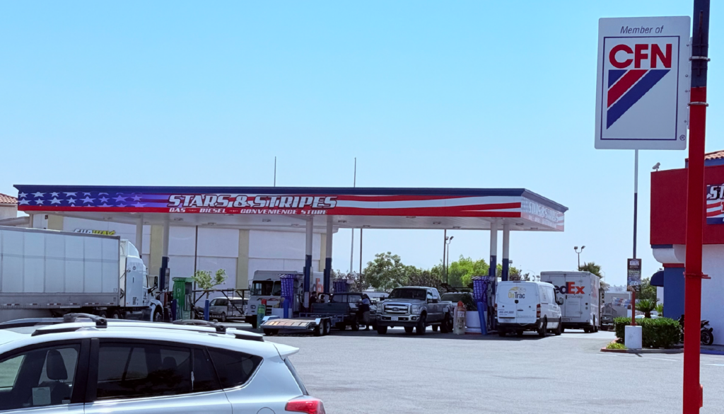 Stars & Stripes Travel Center in Otay Mesa, California, featuring a large fueling canopy serving both commercial trucks and passenger vehicles. A convenient fleet fueling location where Energie Fuel Card users can access wholesale fuel pricing and dependable service.