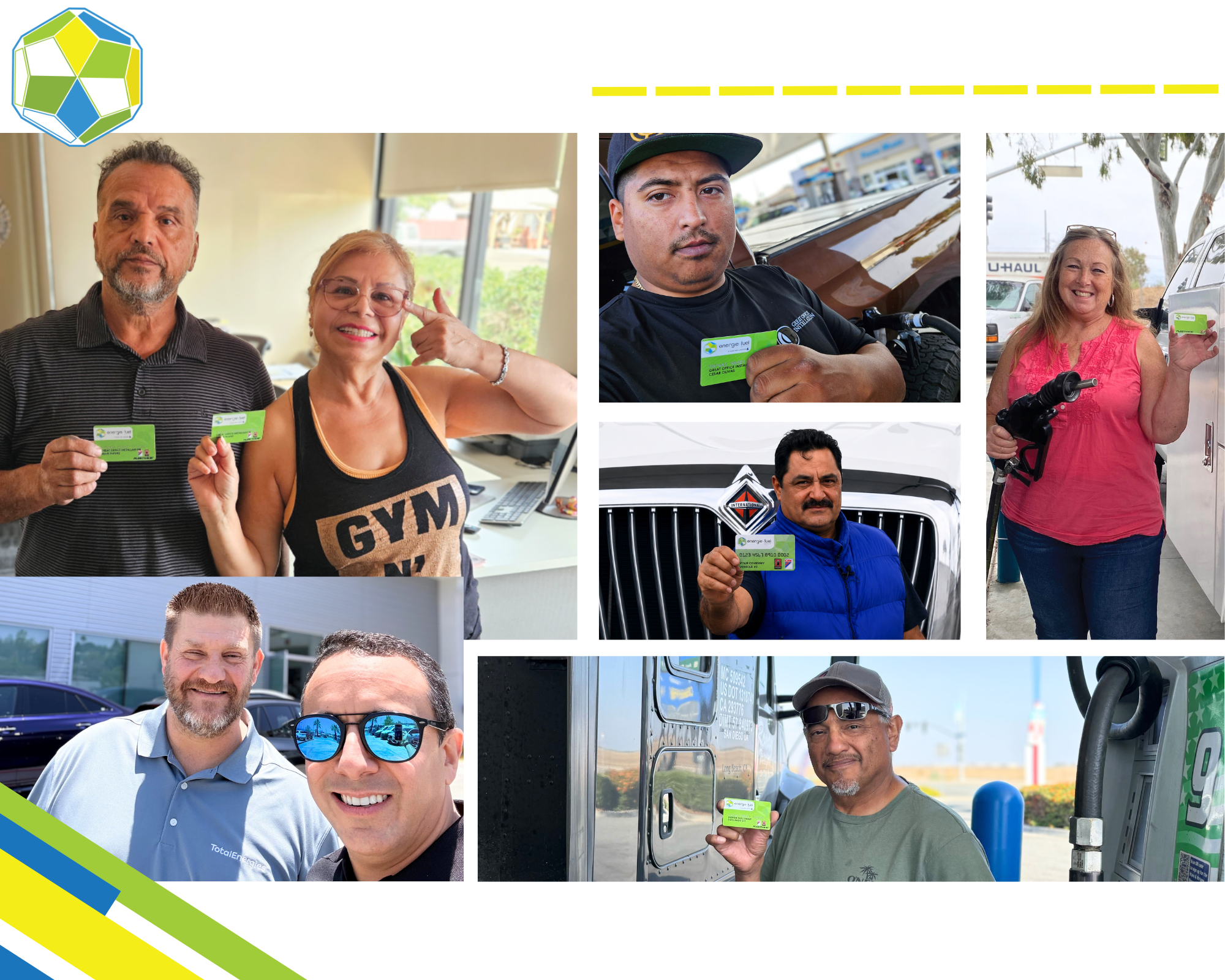 Customer photo collage for Energie Fuel Group featuring several customers holding Energie Fuel cards. The collage includes men and women of different ages at fuel stations, trucking locations, and office settings. Some customers pose beside vehicles, fuel pumps, or commercial trucks while displaying their cards, while others smile for group photos. The Energie Fuel logo appears in the upper-left corner, with blue, green, and yellow brand accents framing the layout. The images highlight customer engagement and fuel card usage across a variety of industries and locations.