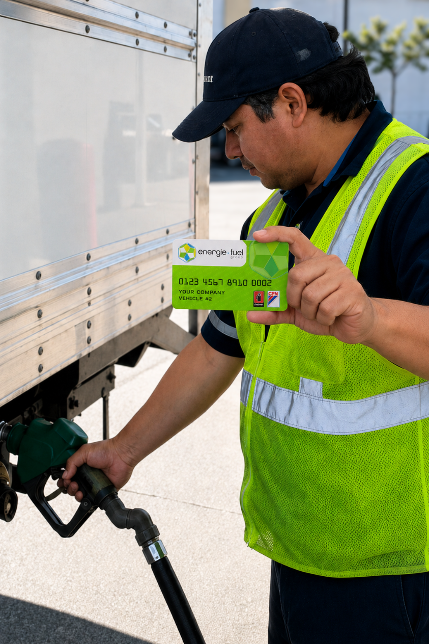 Man in vest pumping gas in his truck while holding out Energie Fuel Card