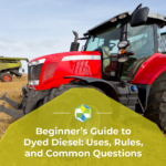 Red farm tractor in a harvested field with the headline "Beginner's Guide to Dyed Diesel: Uses, Rules, and Common Questions." The image represents off-road equipment that uses red dyed diesel for agricultural and other non-highway applications.