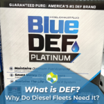BlueDEF Platinum Diesel Exhaust Fluid (DEF) product packaging featuring the headline "What Is DEF? Why Do Diesel Fleets Need It?" The image promotes DEF as America's #1 DEF brand and highlights benefits including maintaining fuel economy, reducing costly SCR repairs, and extending the life of diesel emissions systems.